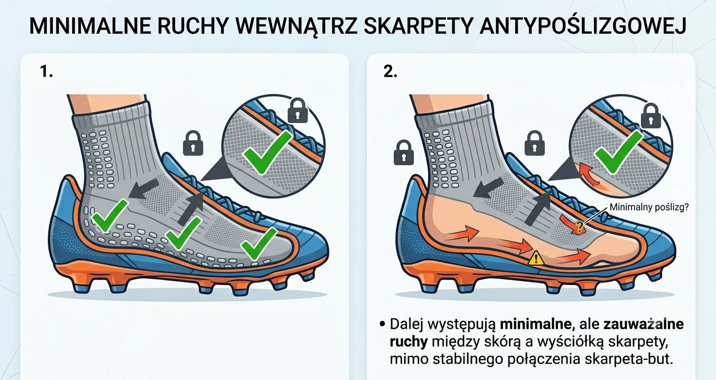 Skarpeta z gripem jednostronnym — mikroruchy między stopą a skarpetą nadal występują