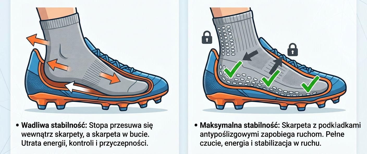 Zwykła skarpeta vs skarpeta antypoślizgowa — porównanie przesuwania stopy w bucie